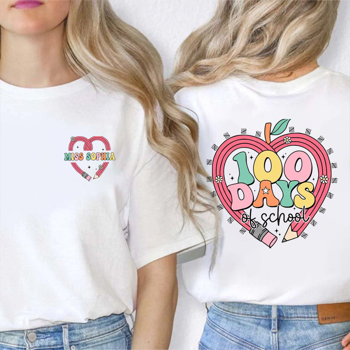 Personalized Name 100 Days Of School Pencil Heart Double Printed T-shirt