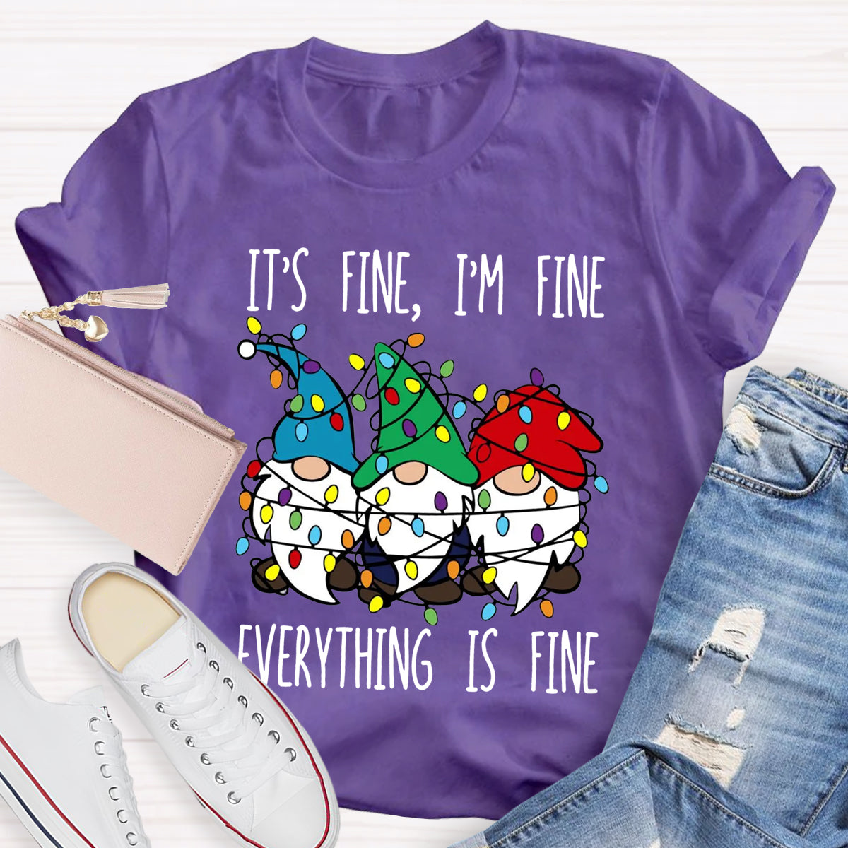 It's Fine I'M Fine Everything Is Fine Three Gnomes Christmas T-Shirt