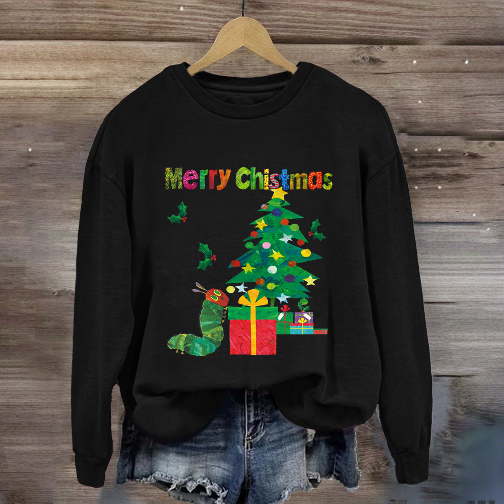 Merry Christmas Caterpillar Crawling Towards Christmas Tree Sweatshirt