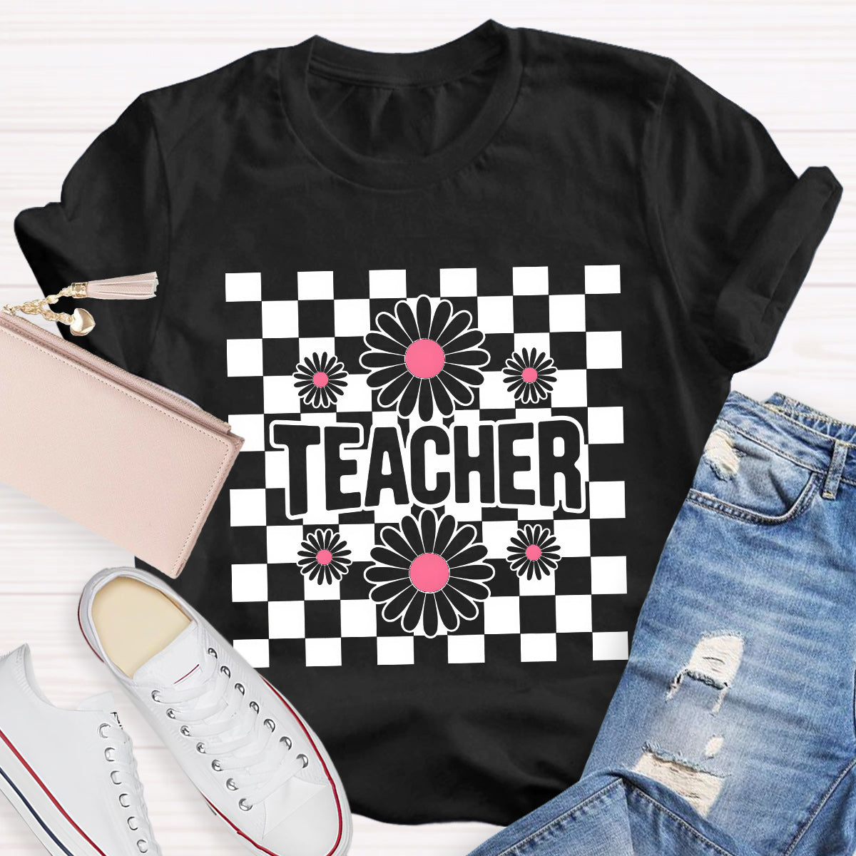 Teacher Black Flowers Teacher T-Shirt