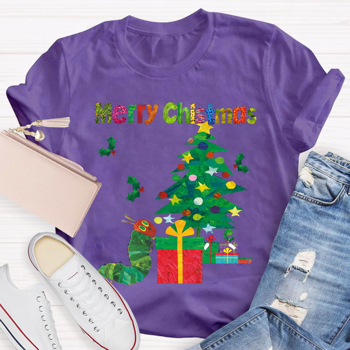 Merry Christmas Caterpillar Crawling Towards Christmas Tree T-Shirt