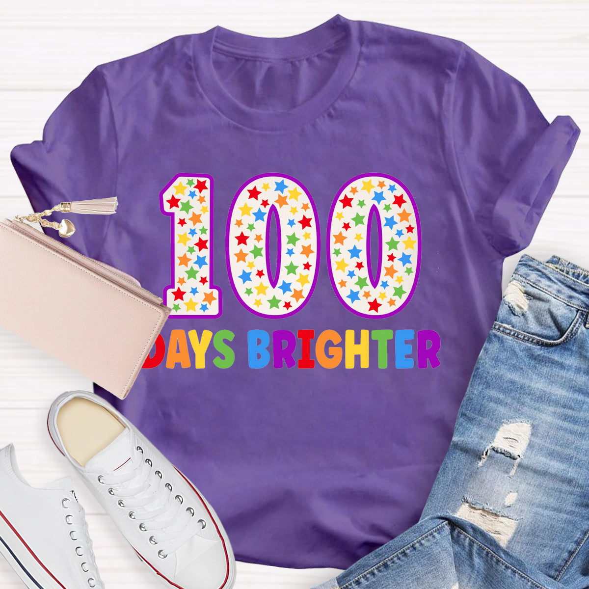 100 Days Brighter Colorful Letter Teacher T-Shirt