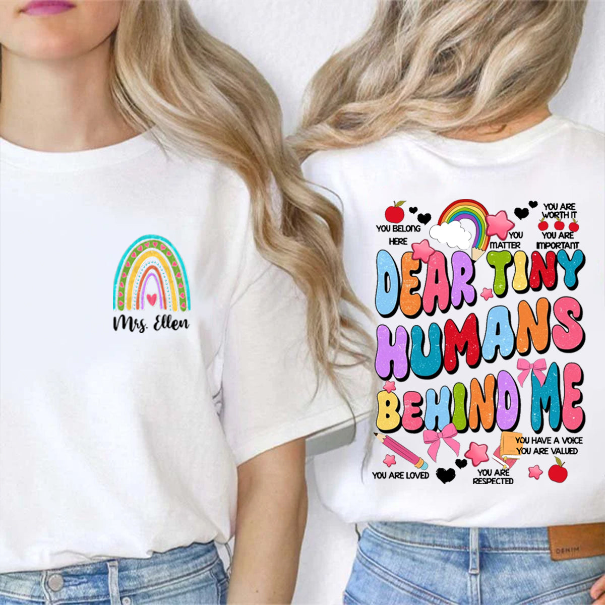 Personalized Name Rainbow Dear Tiny Human Behind Me Double Printed T-shirt