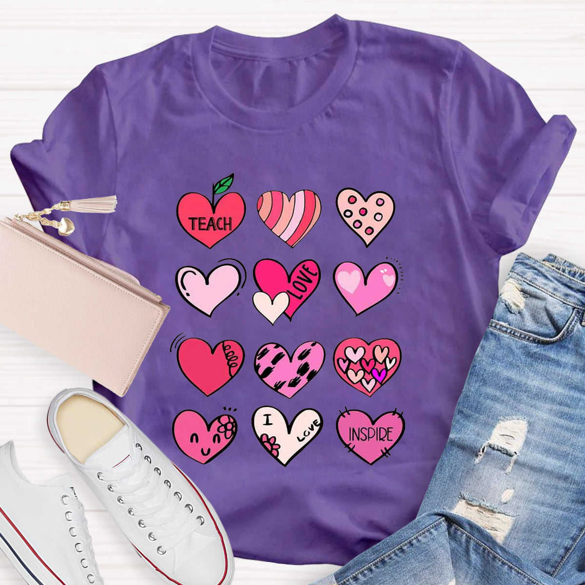 Cartoon Hearts Teach Love Inspire Teacher T-Shirt