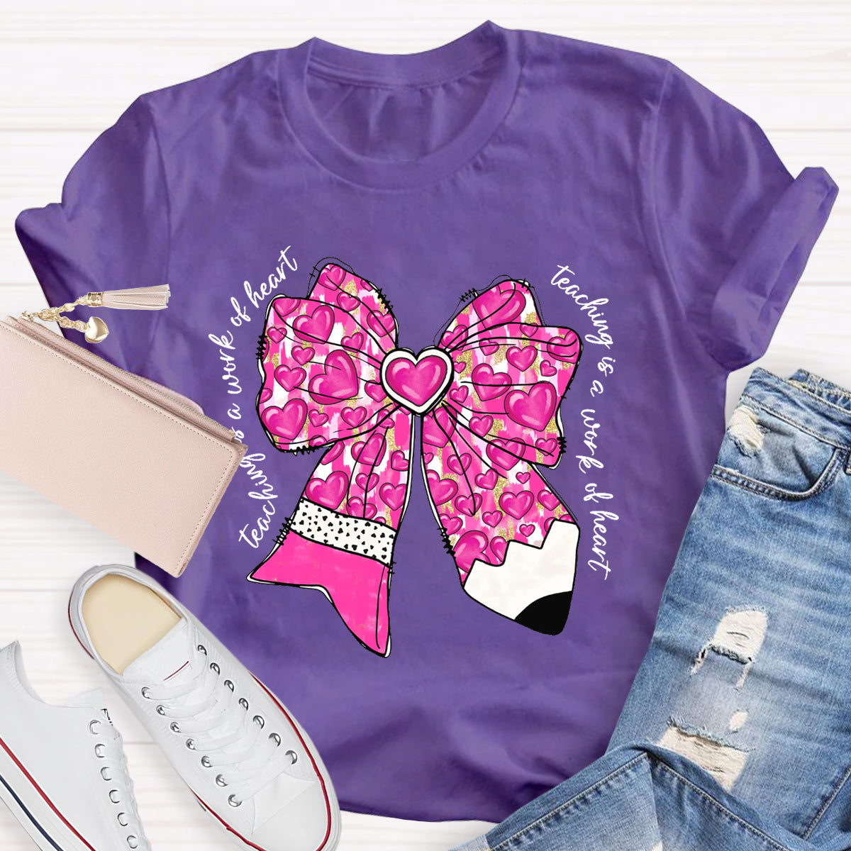 Teaching Is A Work Of Heart Pink Bow Teacher T-Shirt