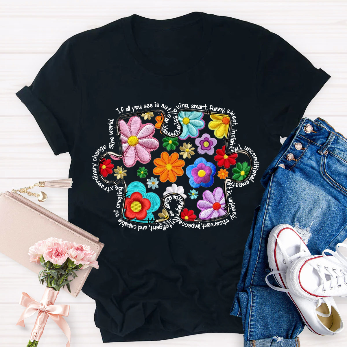 Floral Puzzle Pieces Austim T-Shirt