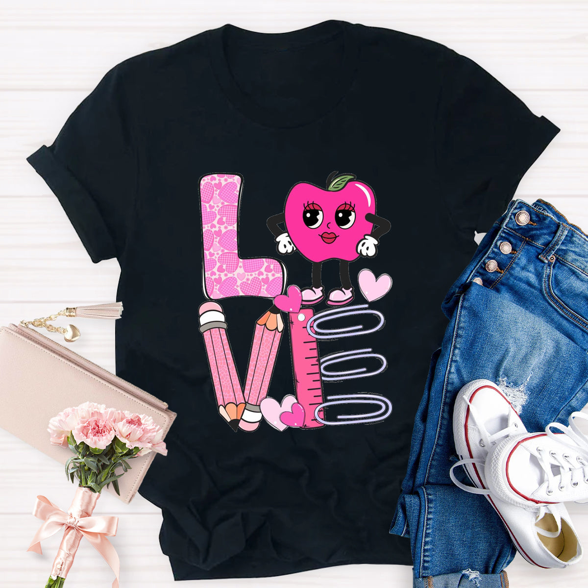 Pink Apple Love Teacher T-Shirt