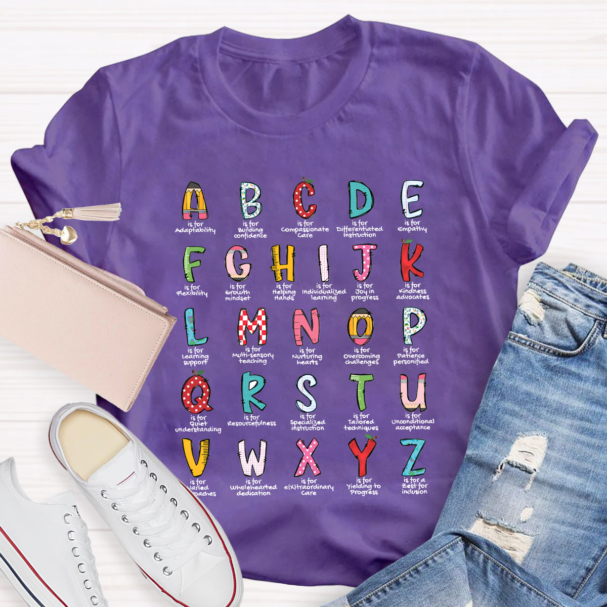 Colorful Plaid Design Alphabet Teacher T-Shirt