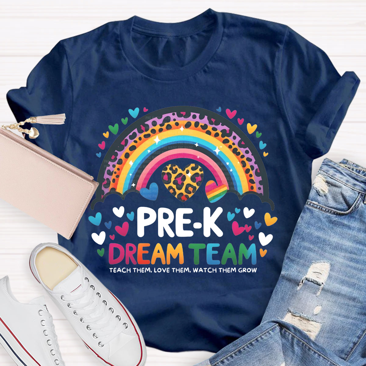 Personalized Grade Pre-K Dream Team Leopard Rainbow Teacher T-Shirt