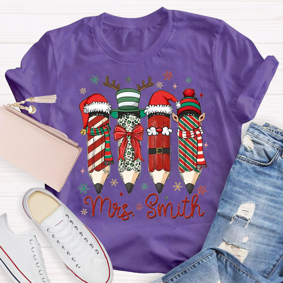 Personalized Name Cute Christmas Pencil Teacher T-Shirt