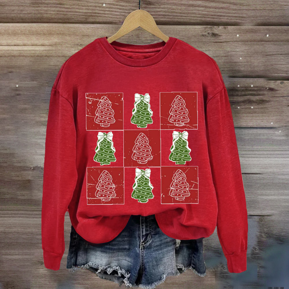 Retro Checkered Christmas Tree Cake Coquette Bow Sweatshirt