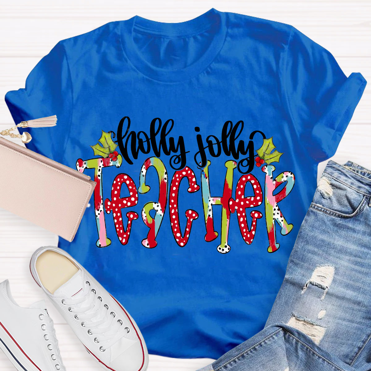 Holly Jolly Teacher Christmas Brushstrokes Dalmatian Dots Hand Lettered Teacher T-Shirt