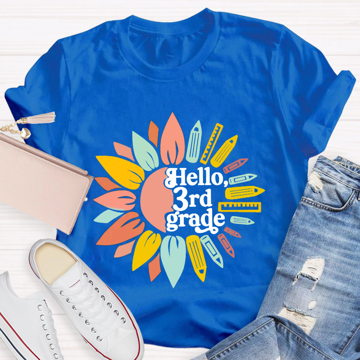 Personalized Grade Hello 3rd Grade Sunlower Teacher T-Shirt