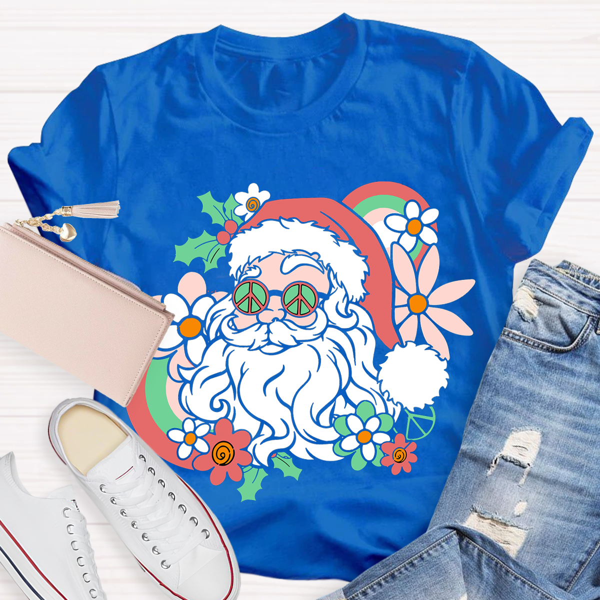 Hippie Santa Groovy Peace Christmas Teacher T-Shirt