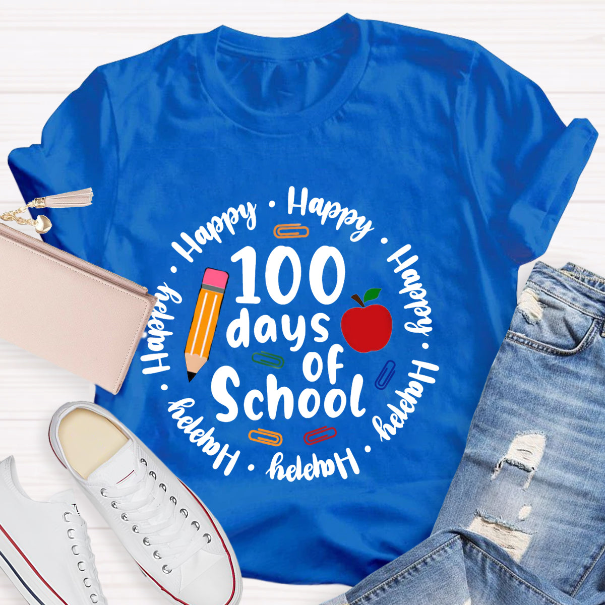 Happy 100 Days Of School Apple Pencil Teacher T-Shirt