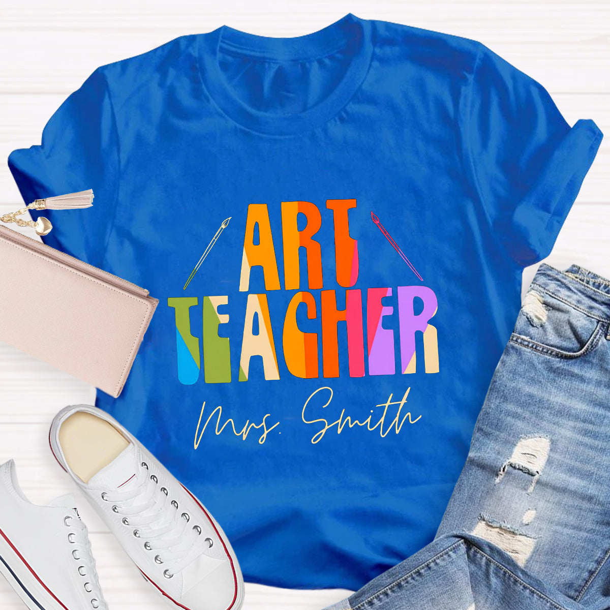 Personalized Name And Art Simple Color Teacher T-Shirt