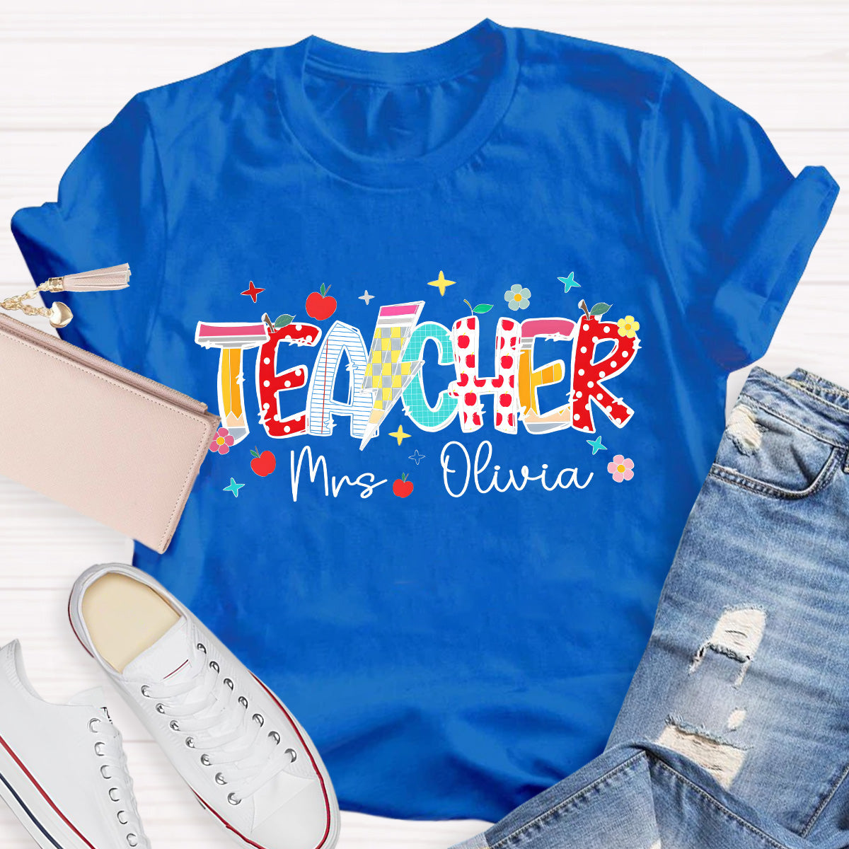 Personalized Name Star And Flower Teacher T-Shirt