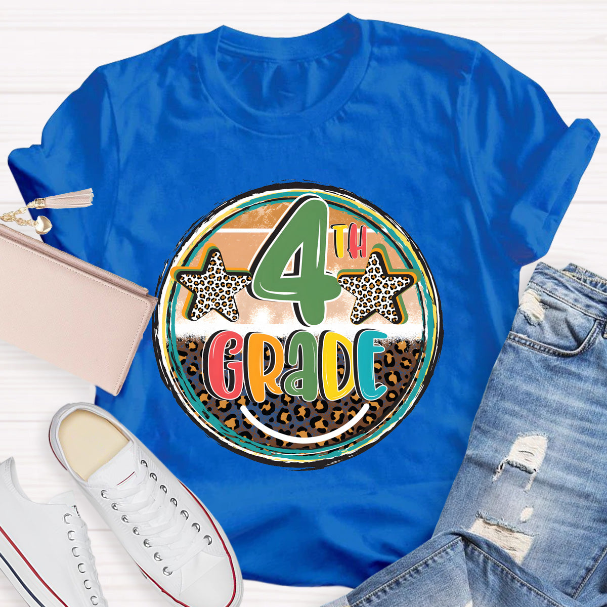 Personalized Grade Leopard Star 4th Grade Teacher T-Shirt