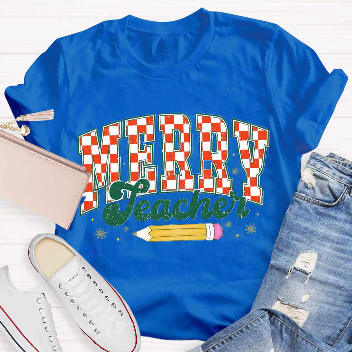 Merry Teacher Plaid Pencil T-Shirt