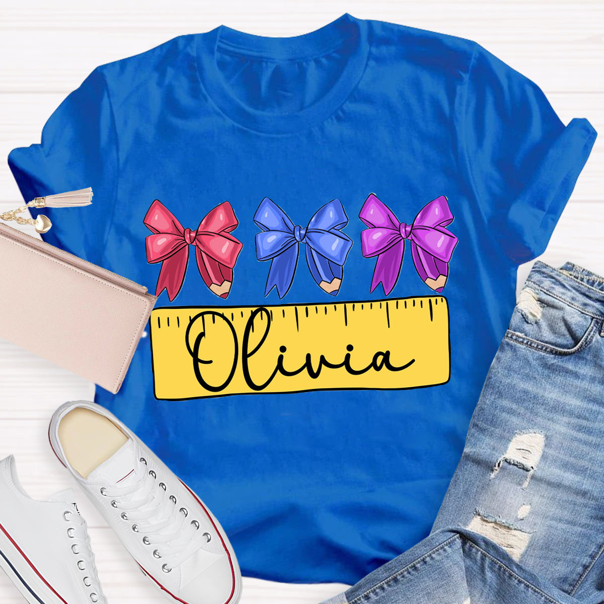 Personalized Name Bow Ruler Print Teacher T-Shirt