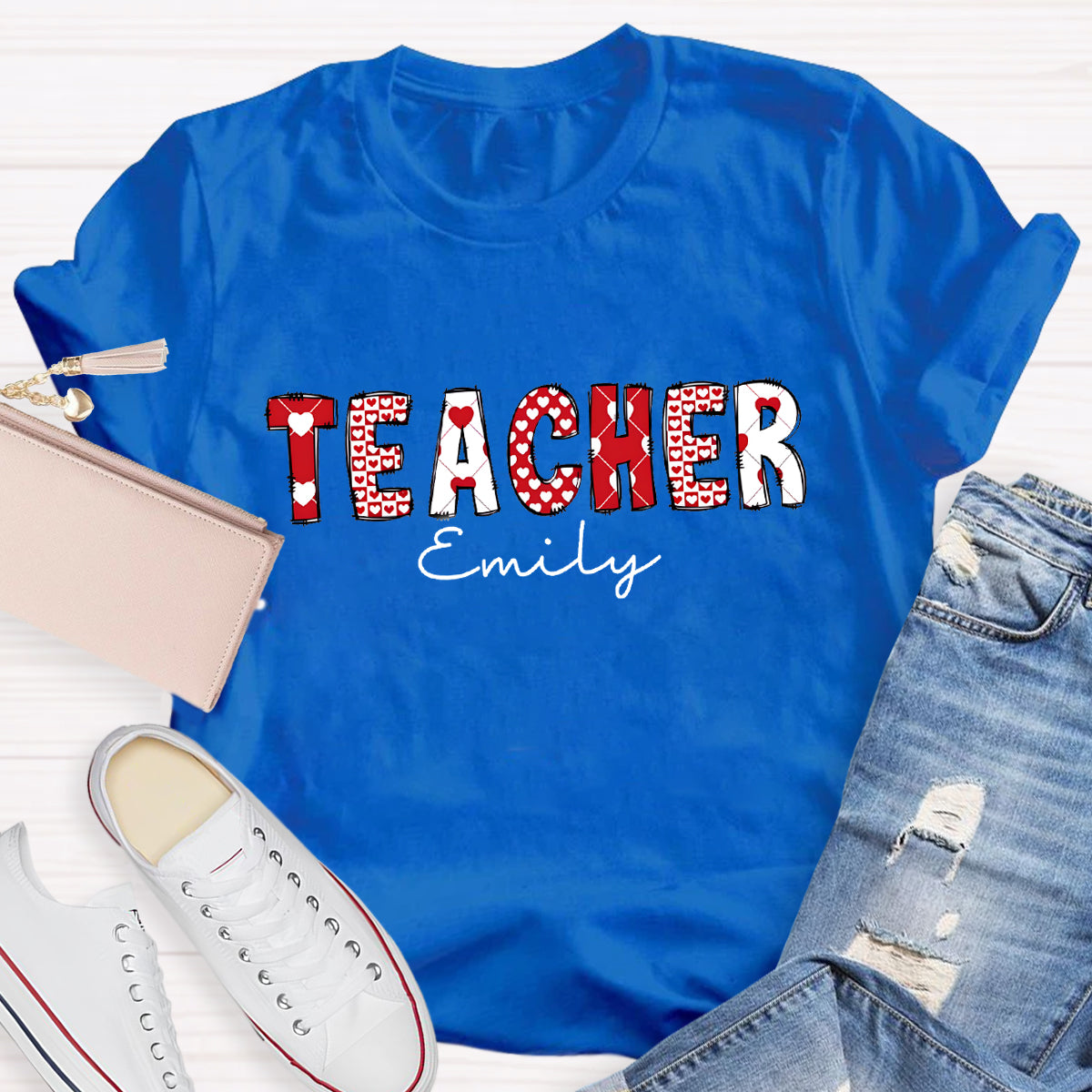 Personalized Name Pink Heart Printed Teacher T-Shirt