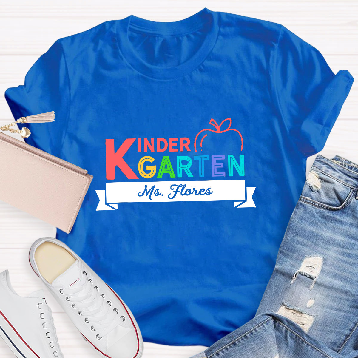 Personalized Kindergarten Teacher's Name  Apple Printed T-Shirt