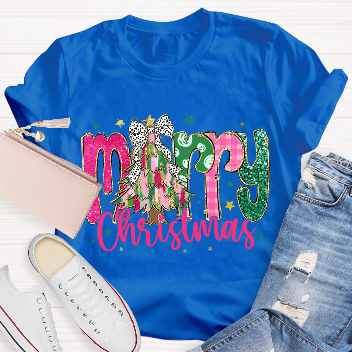 Colorful Glitter Merry Christmas Teacher T-Shirt