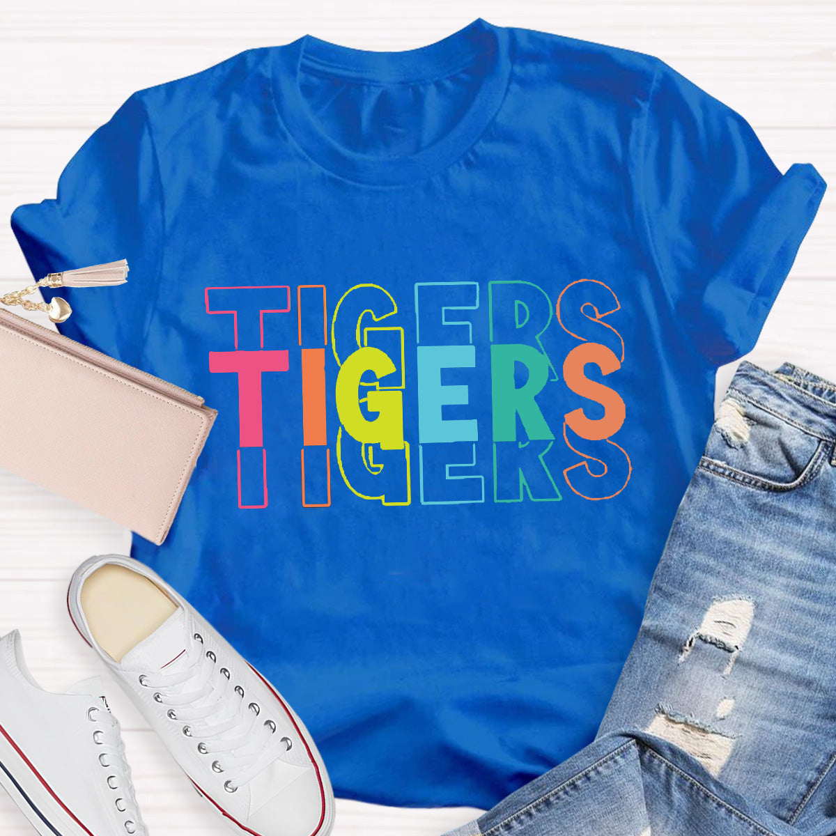 Personalized  Mascot Tigers Colorful Letters Teacher T-Shirt