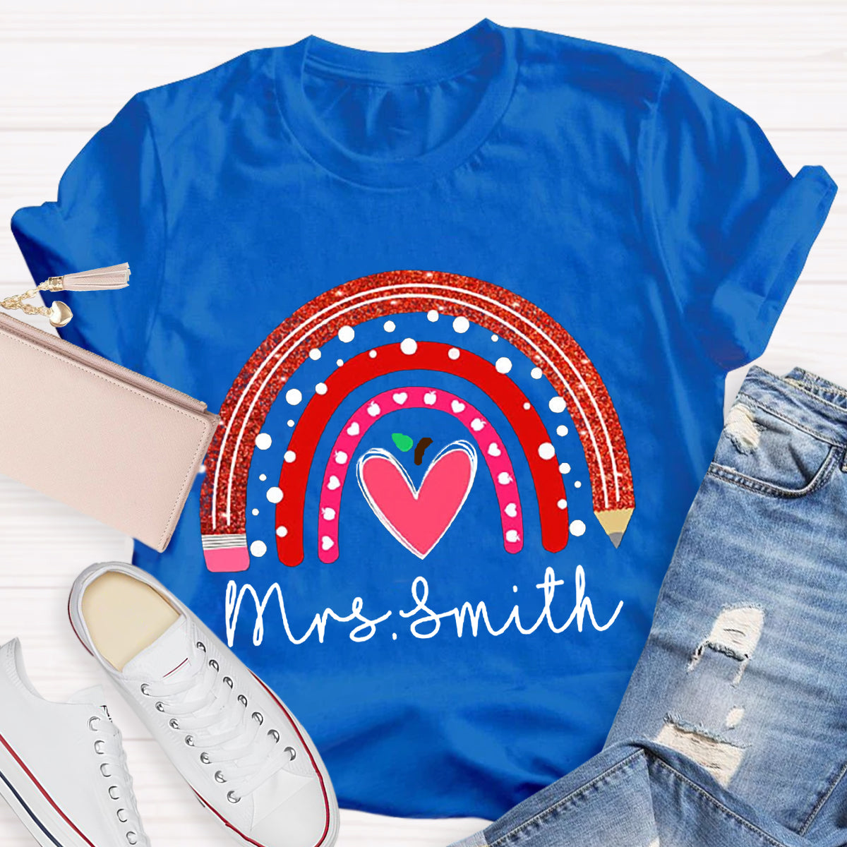 Personalized Name Rainbow Pencil Heart-Shaped Apple Teacher T-Shirt