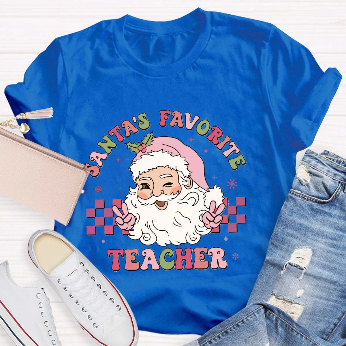 Santa's Favorite Teacher Pink Santa Claus T-Shirt