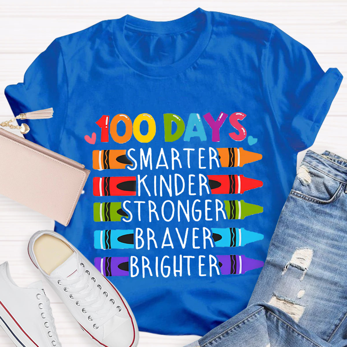 100 Days Smarter Kinder Stronger Crayon T-Shirt