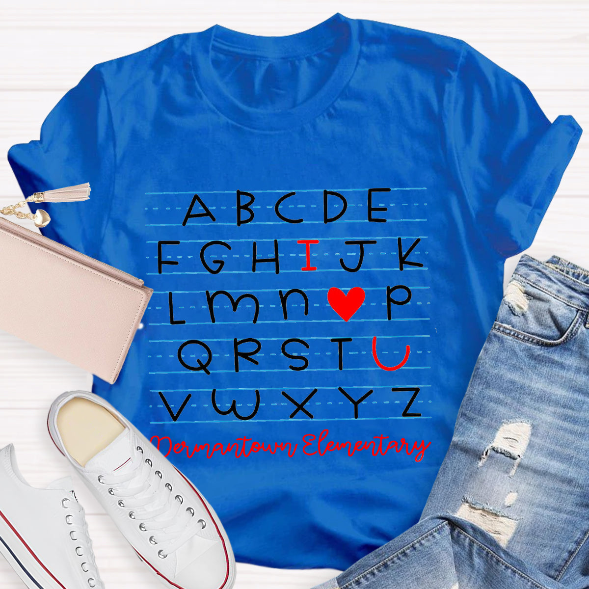 Personalized School Name I Love You Alphabet Teacher T-Shirt