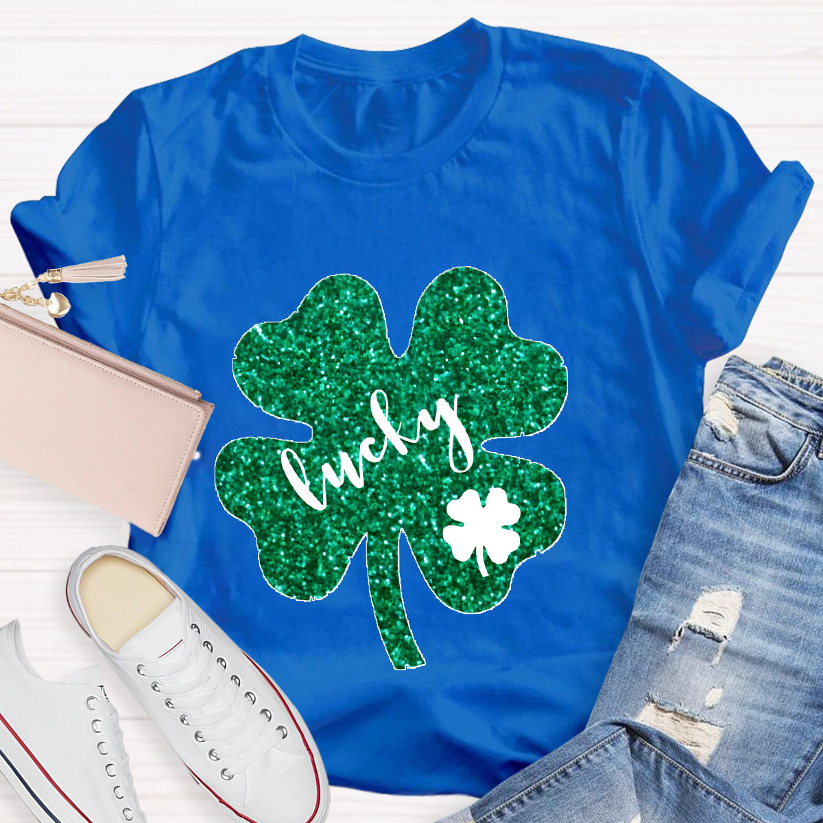 Green Glitter Shamrock Lucky Teacher T-Shirt