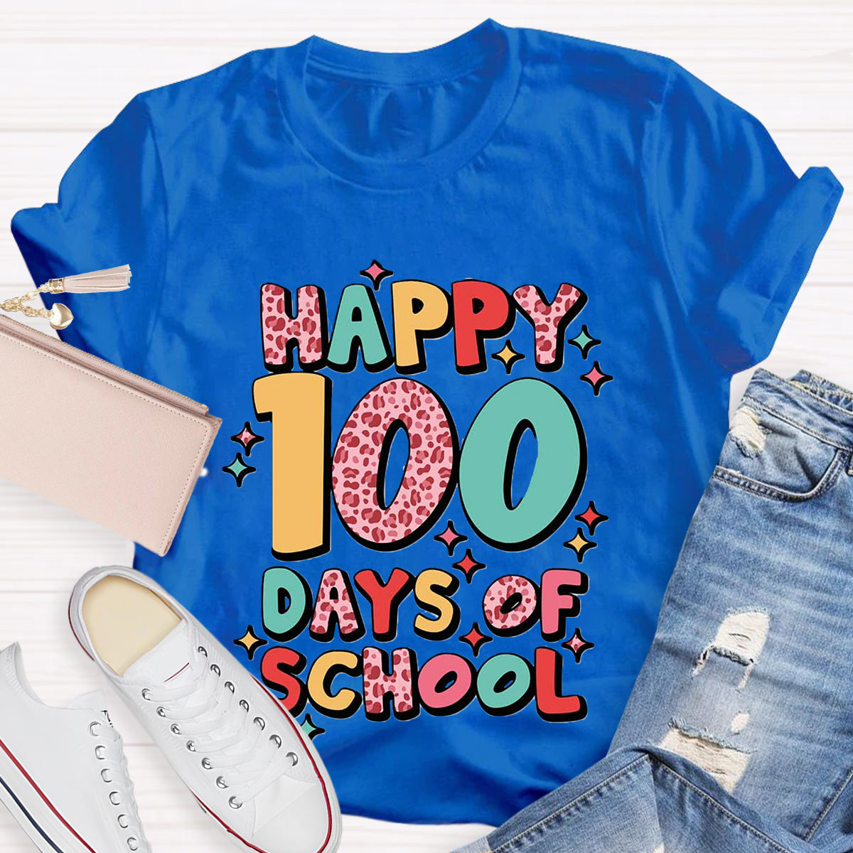 Pink Leopard Happy 100 Days Of School Teacher T-Shirt