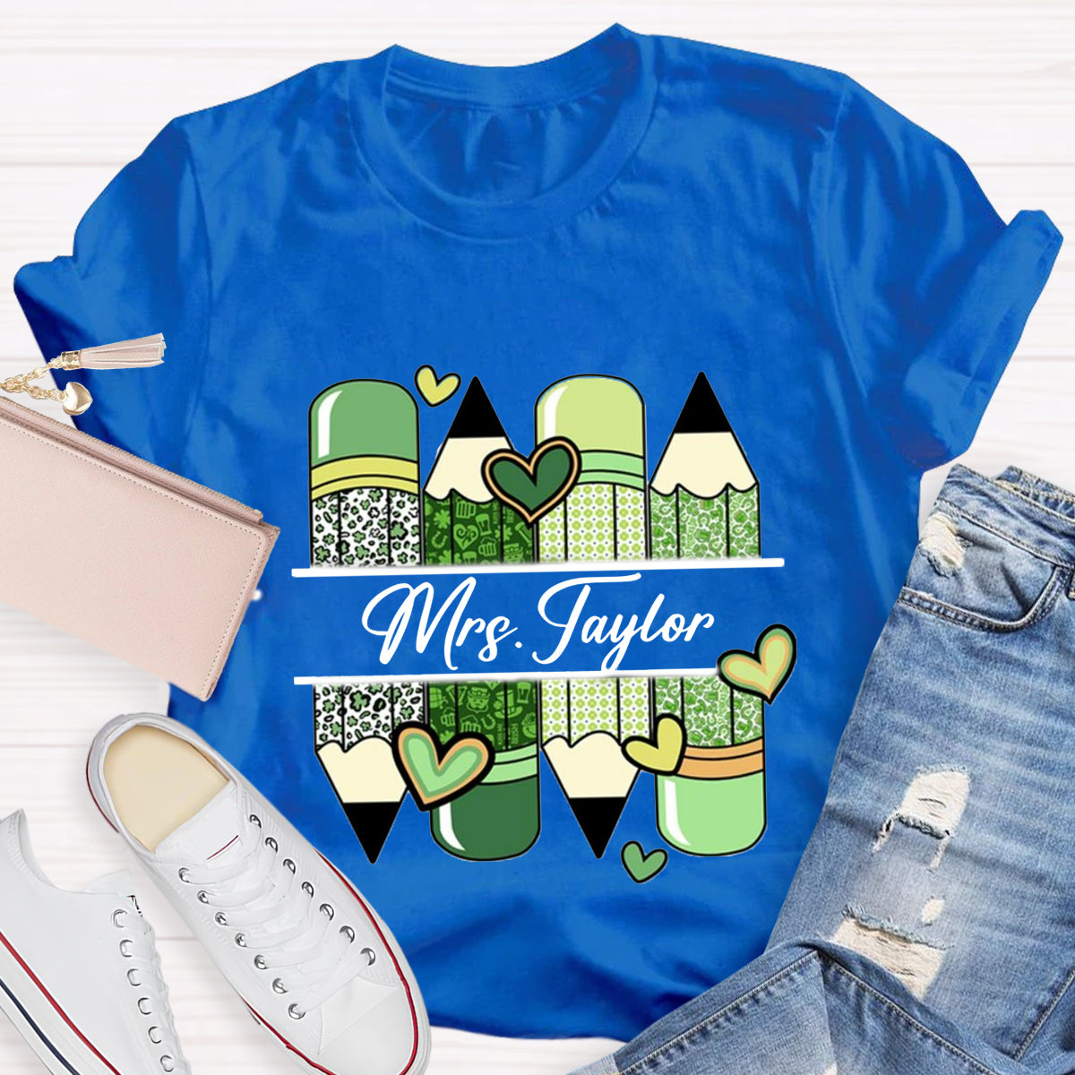 Personalized Name Green Heart Pencil Teacher T-Shirt