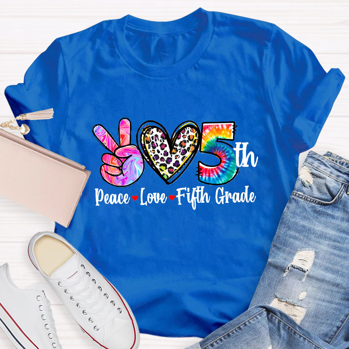 Personalized Grade Peace Love 5th Grade Teacher T-Shirt