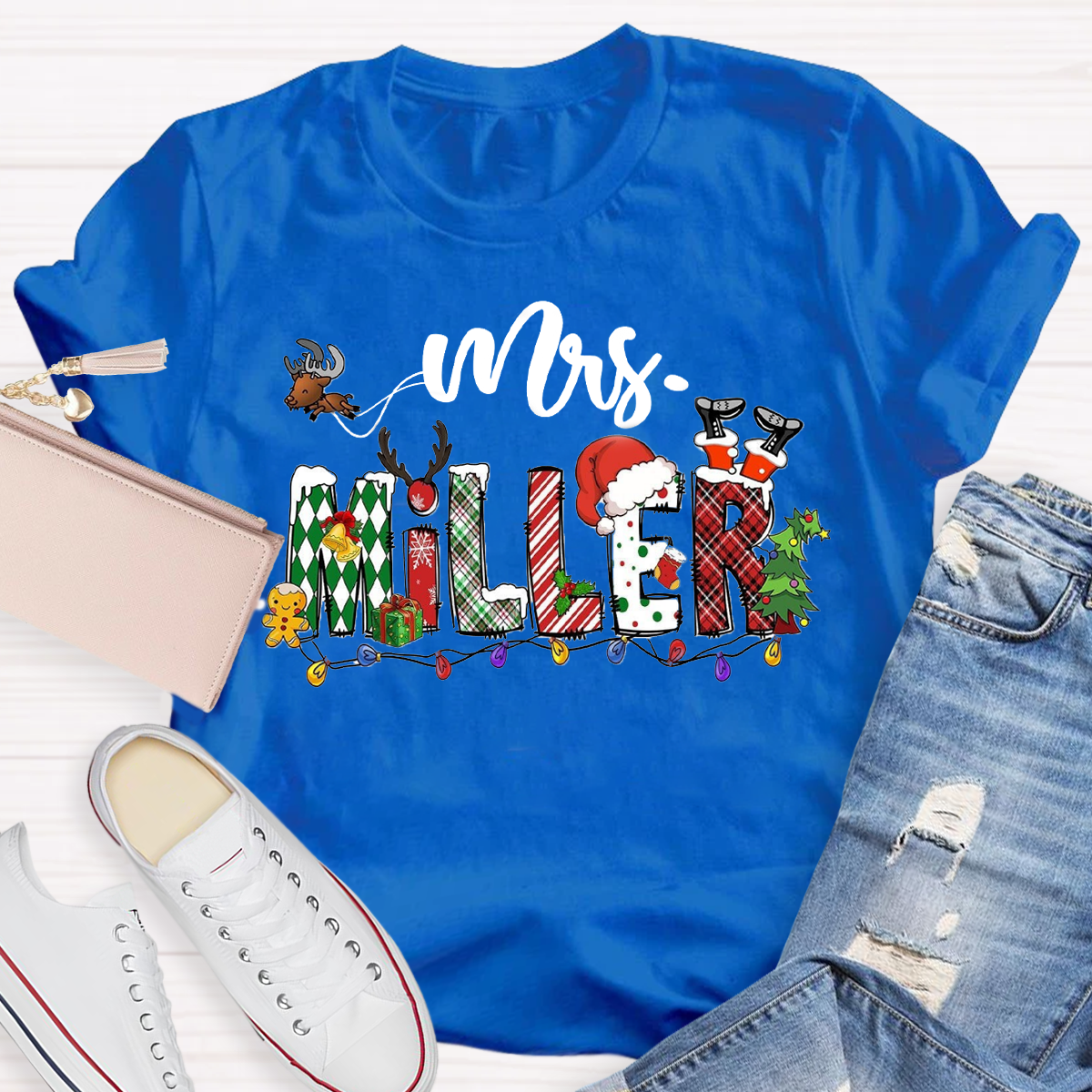 Personalized Name Santa Hat and Eelk Teacher T-Shirt