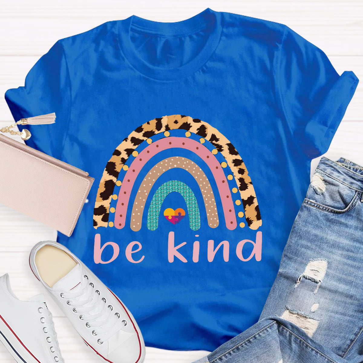 Be Kind Leopard Rainbow Colorful Heart T-Shirt