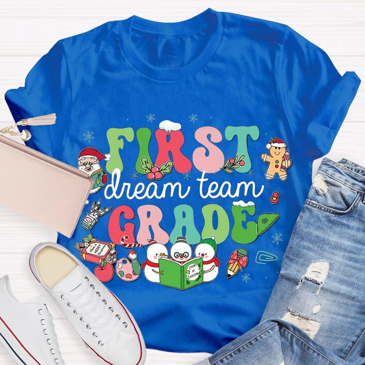 Personalized Grade Dream Team Christmas Snowman Reading A Book T-Shirt