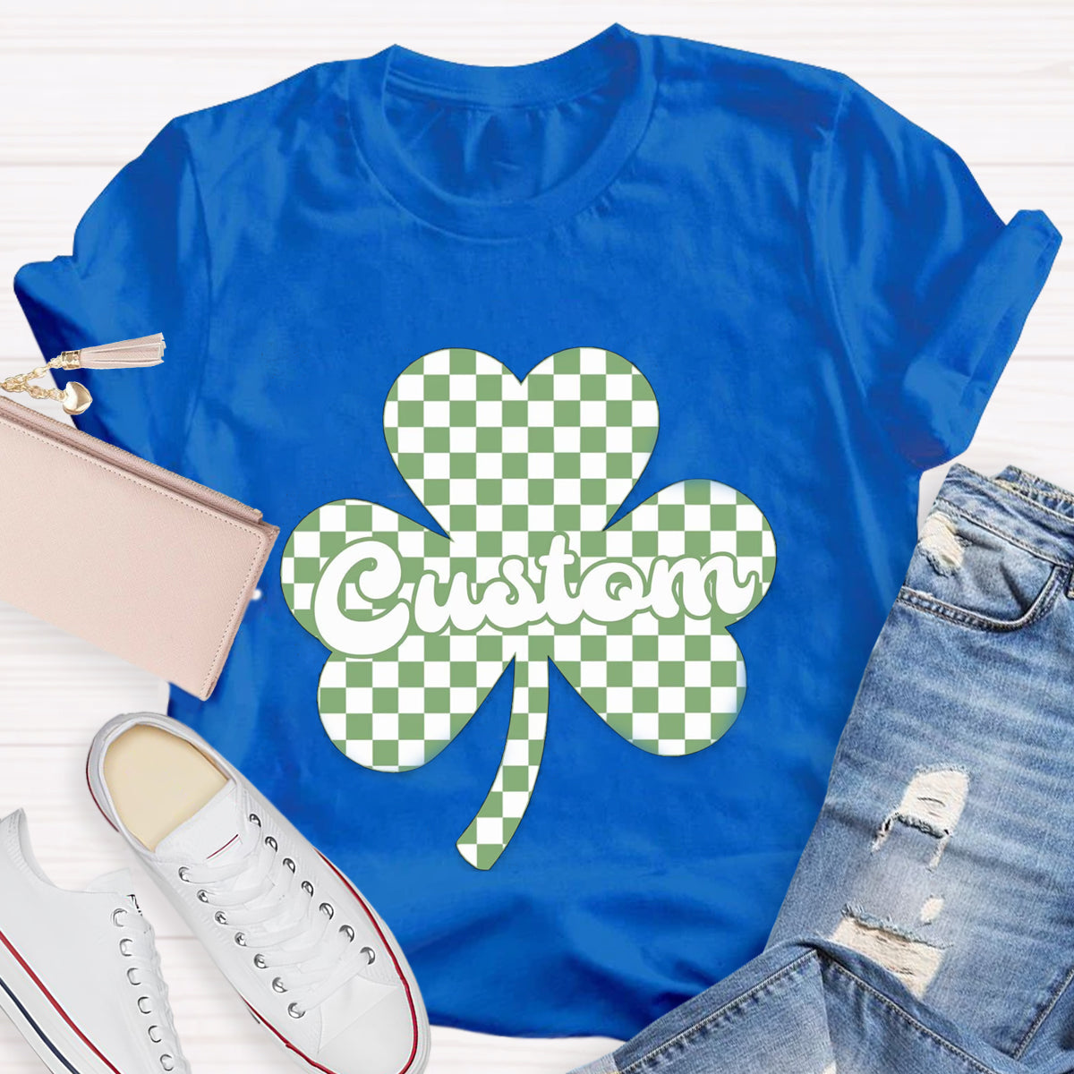 Personalized Name Checkered Clover Teacher T-Shirt