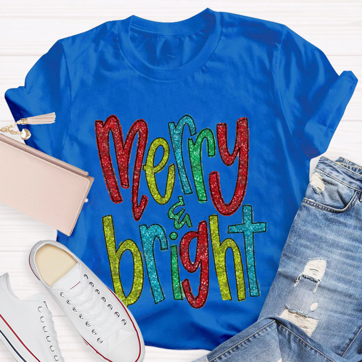 Glitter Merry And Bright Teacher T-Shirt