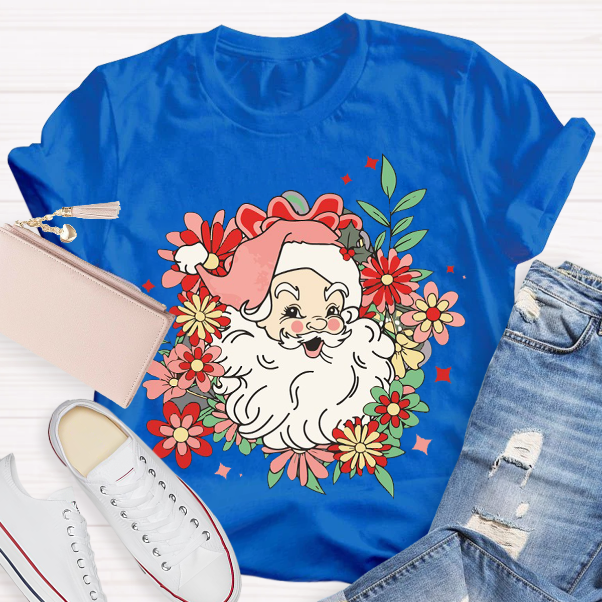 Flower Design Santa Christmas Teacher T-Shirt