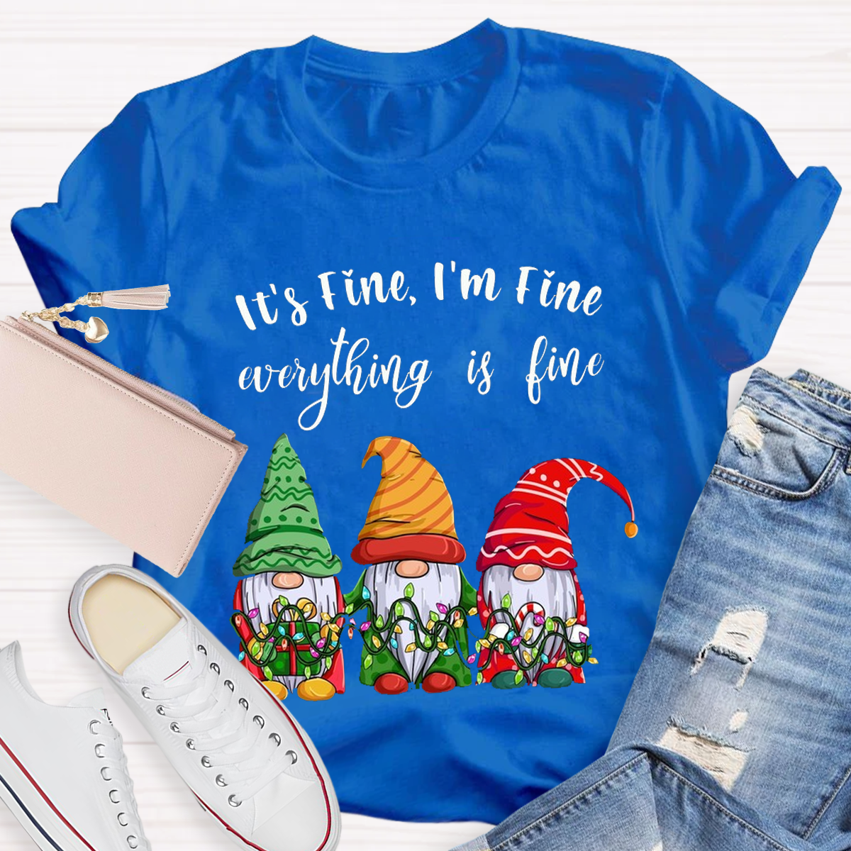 It's Fine I'm Fine Everything Is Fine Gnome Christmas Teacher T-Shirt