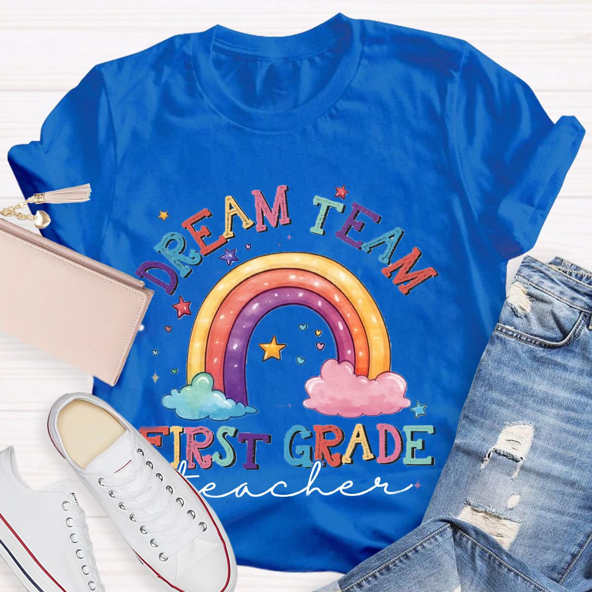 Personalized Grade Dream Team Teacher Rainbow T-Shirt