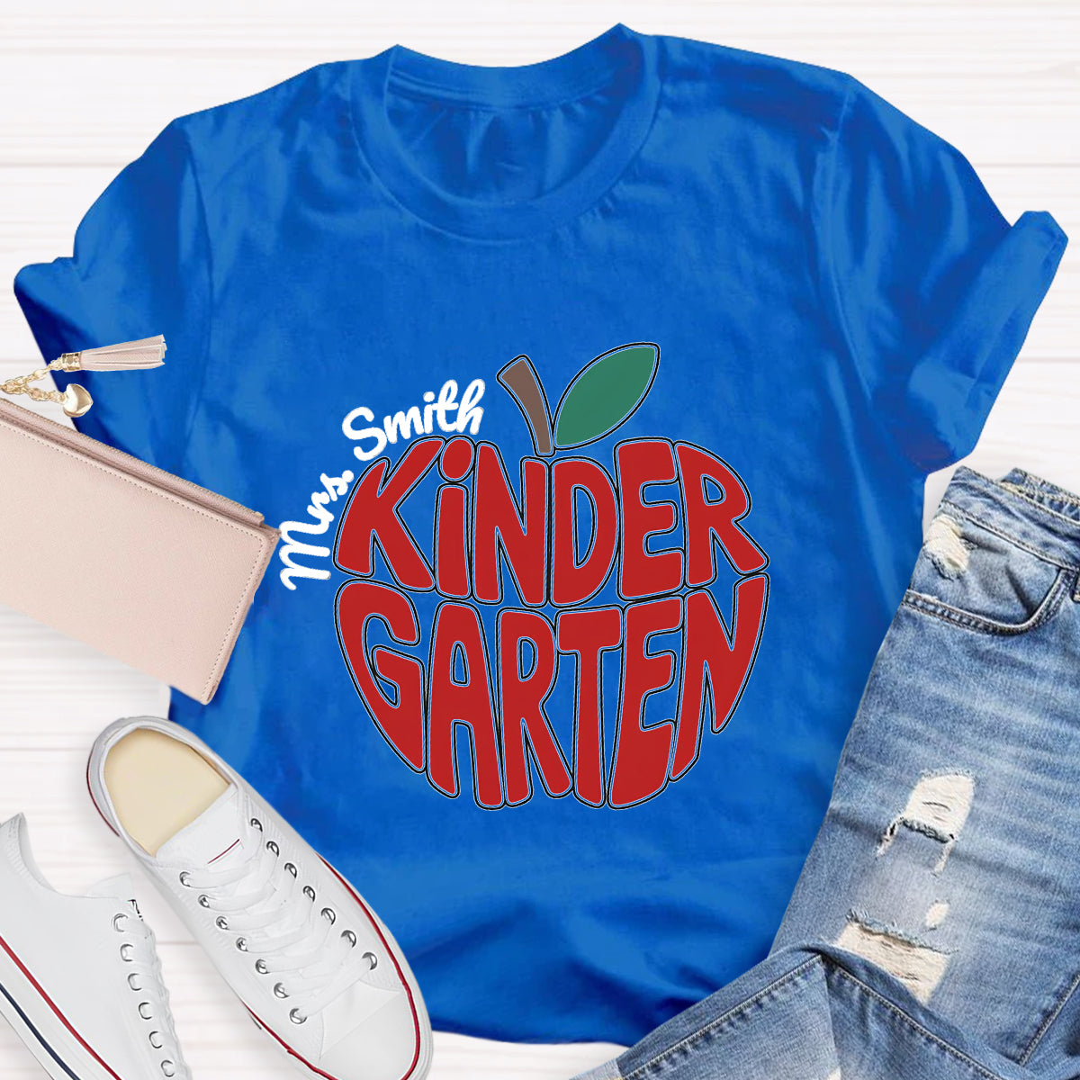 Personalized Kinder Garden Teacher Name Red Apple T-Shirt