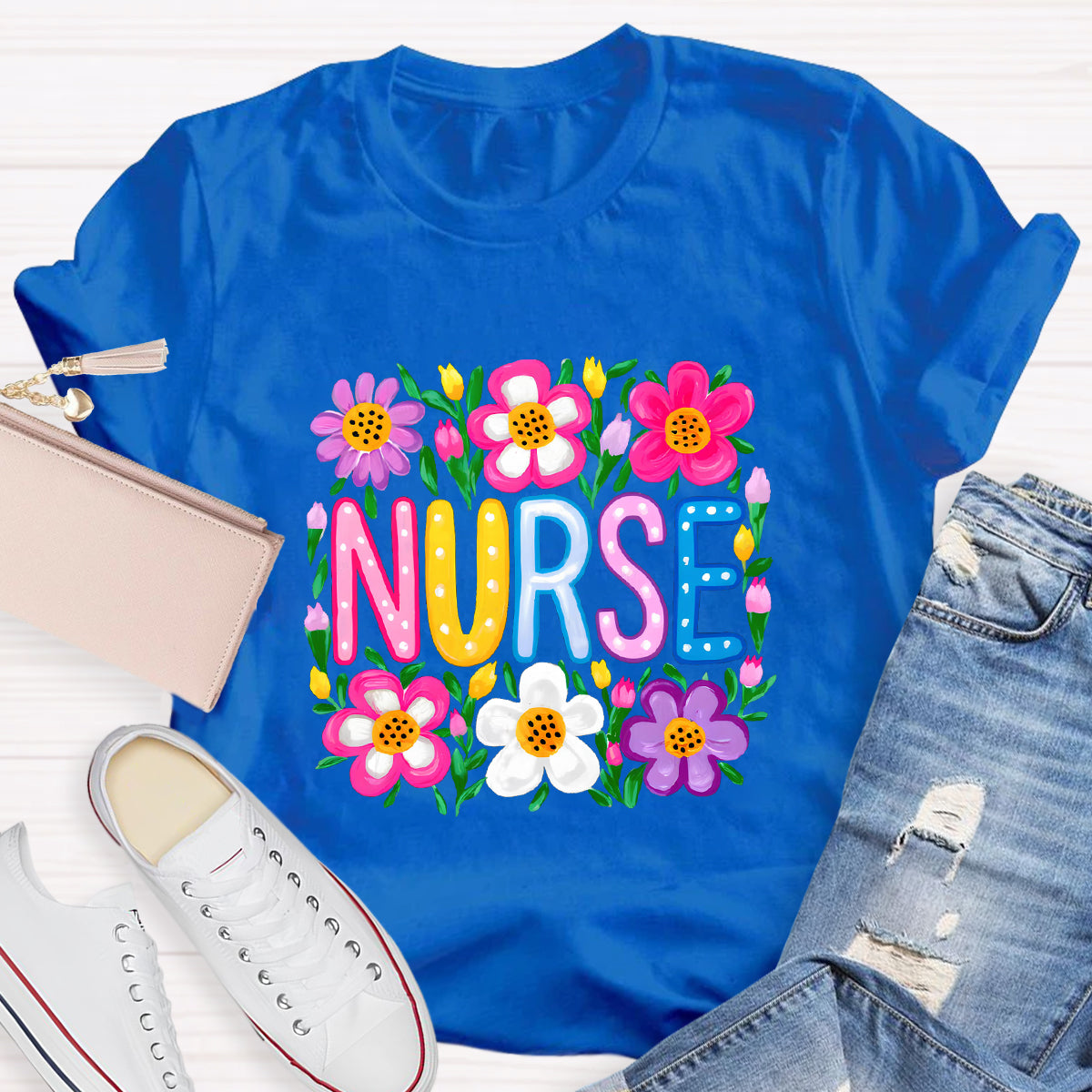 Floral School Nurse T-Shirt