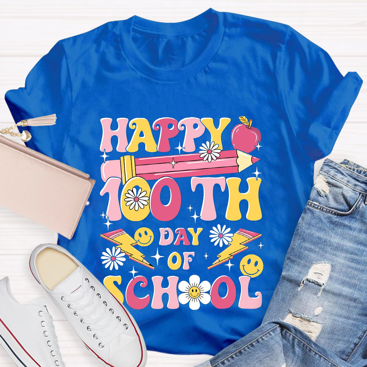 Happy 100 Days Of School Pink Pencil Teacher T-Shirt