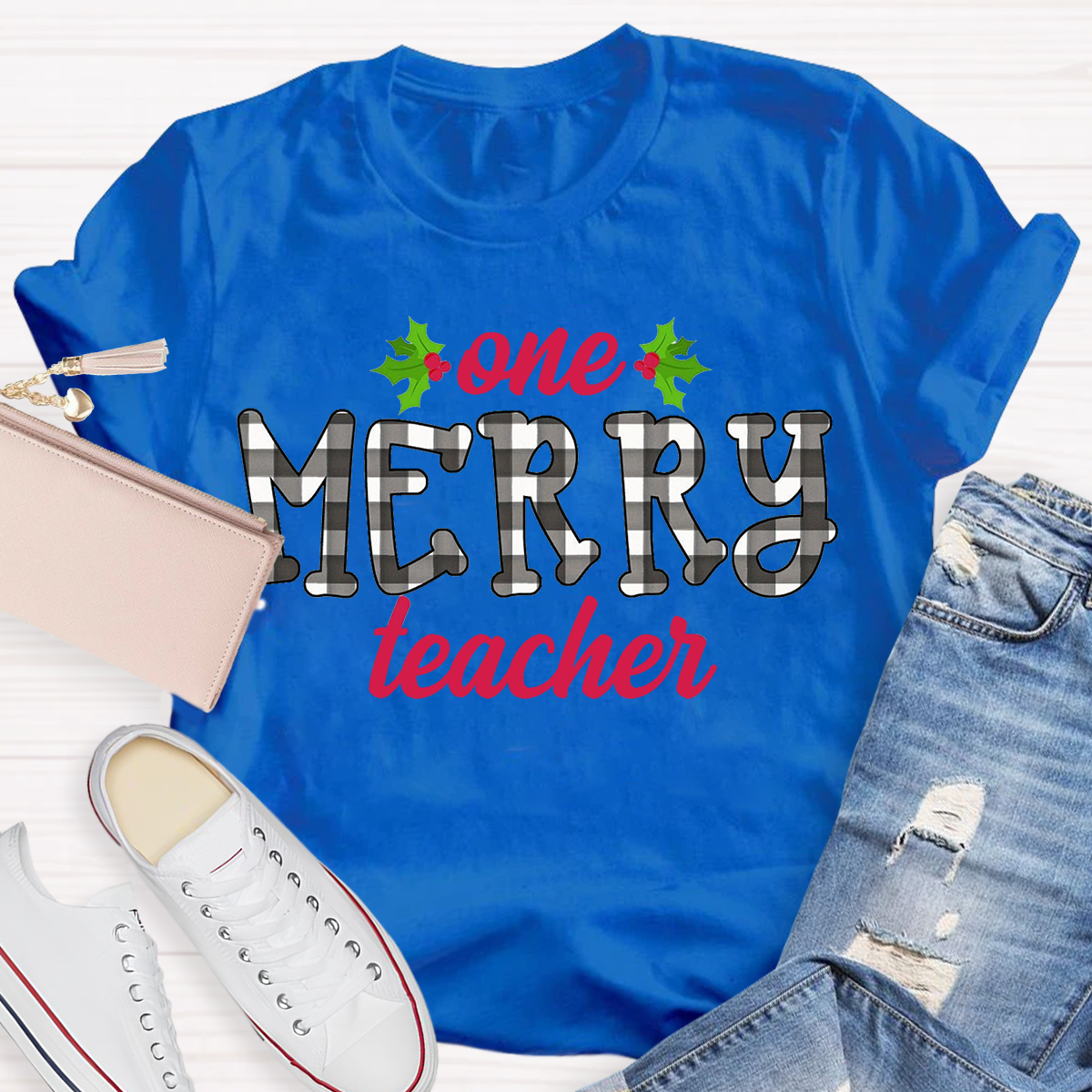 One Merry Teacher Christmas Plaid T-Shirt