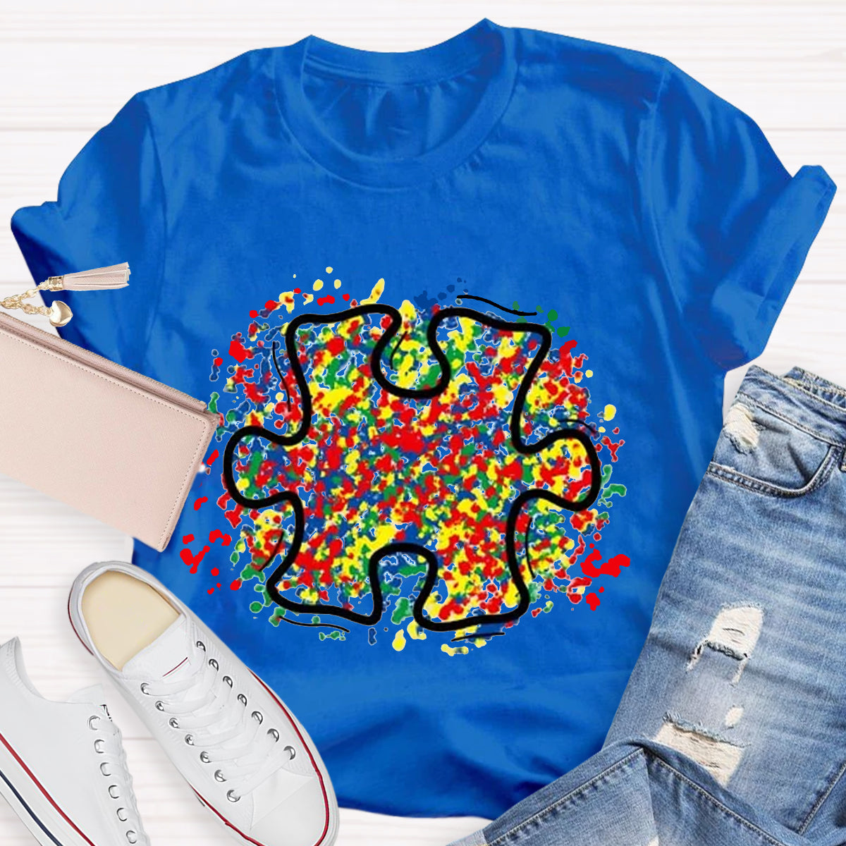 Colorful Autism Puzzle Piece Teacher T-Shirt