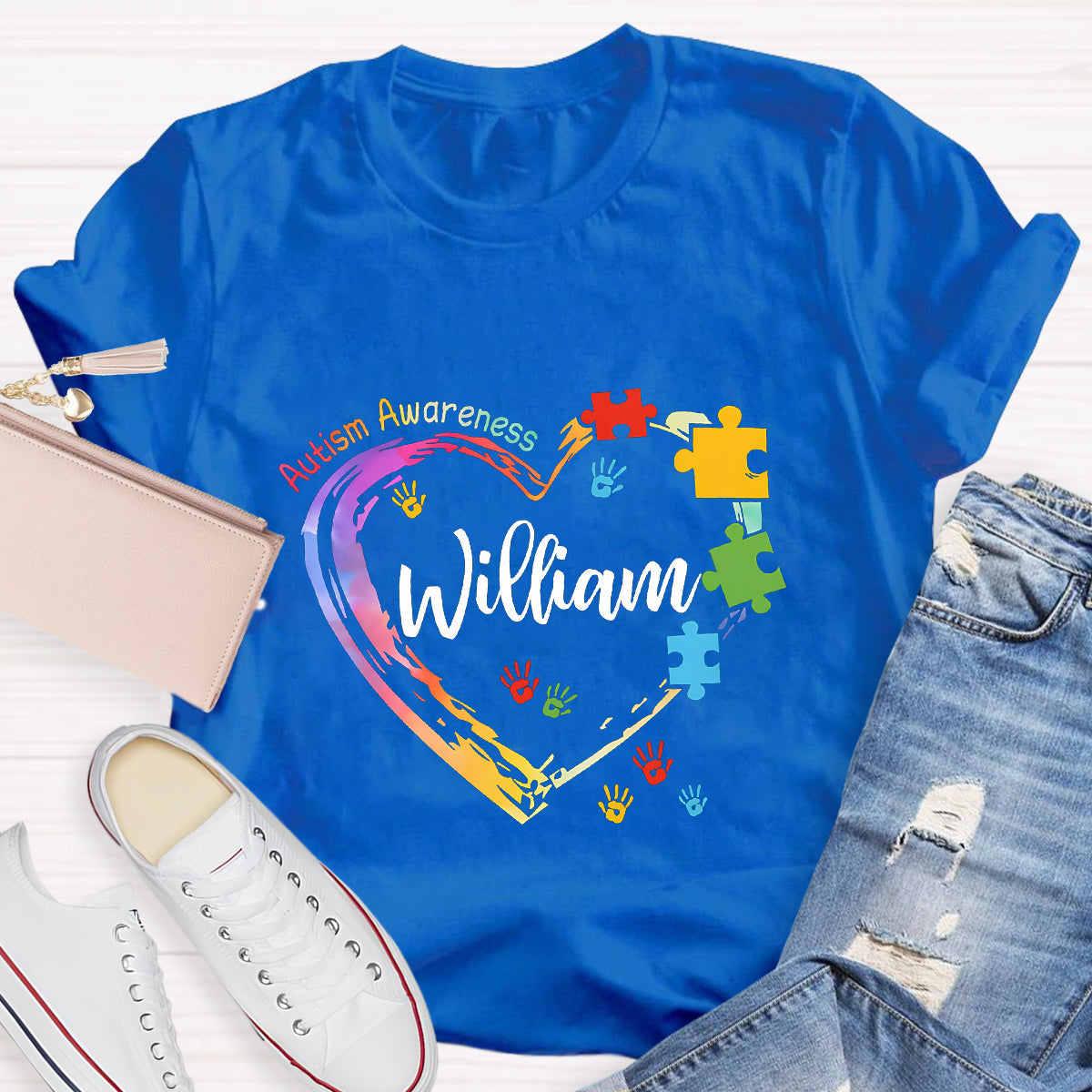 Personalized Name Autism Colorful Heart Teacher T-Shirt